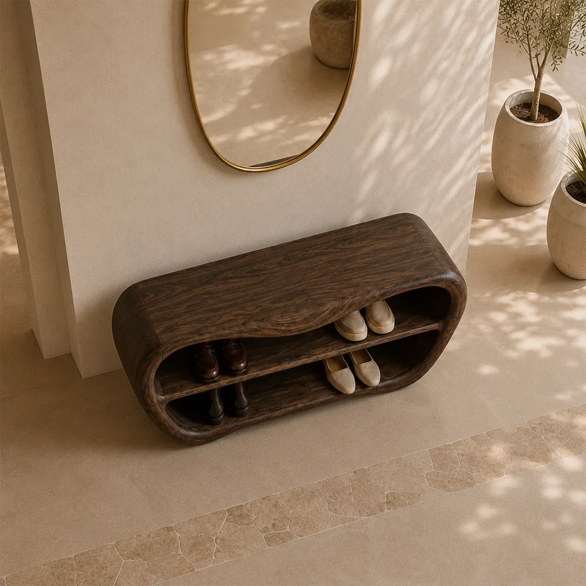 Minimalist entry bench with sculpted form placed beneath an oval mirror in soft sunlight