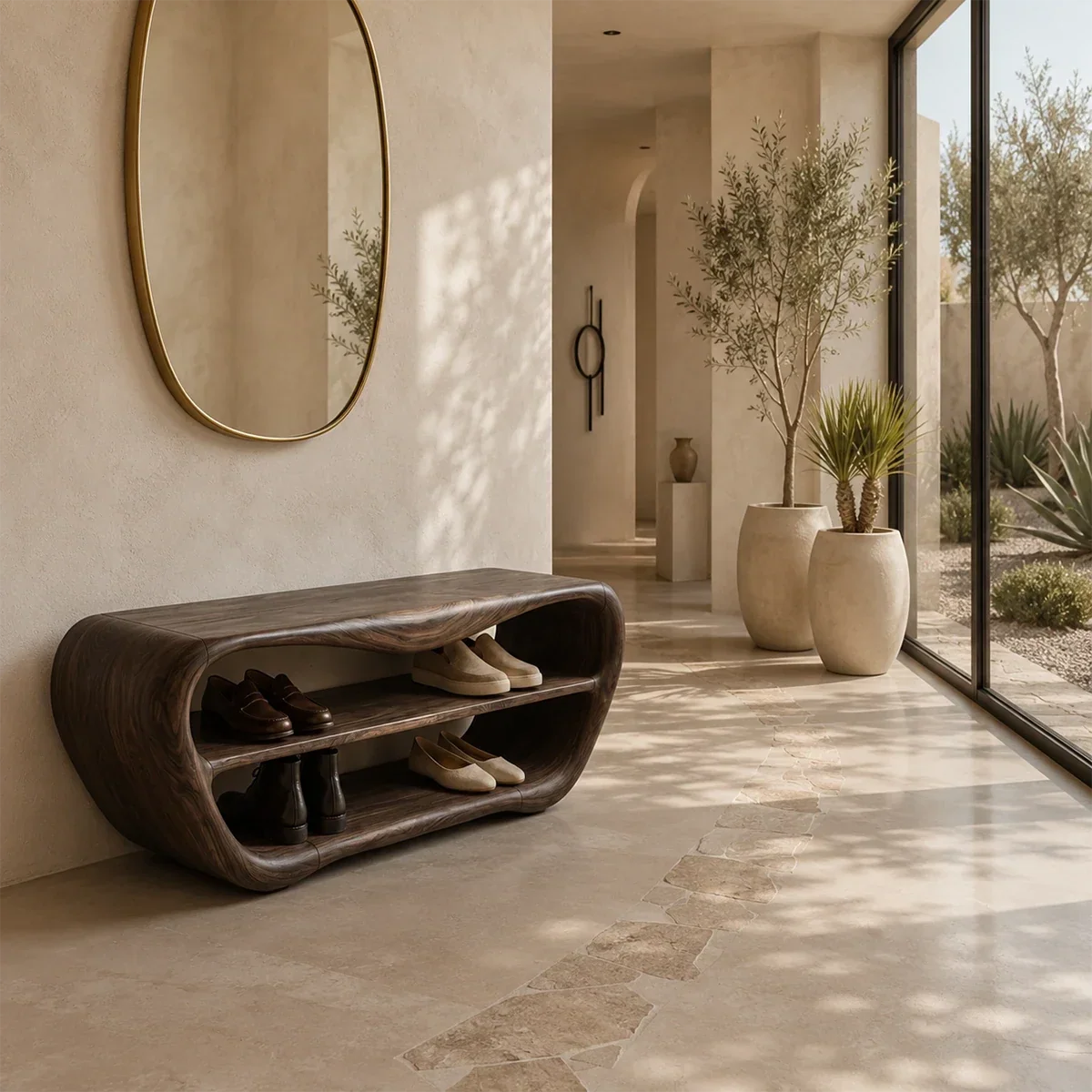 Artistic shoe bench combines smooth curves, visible grain, and functional open storage