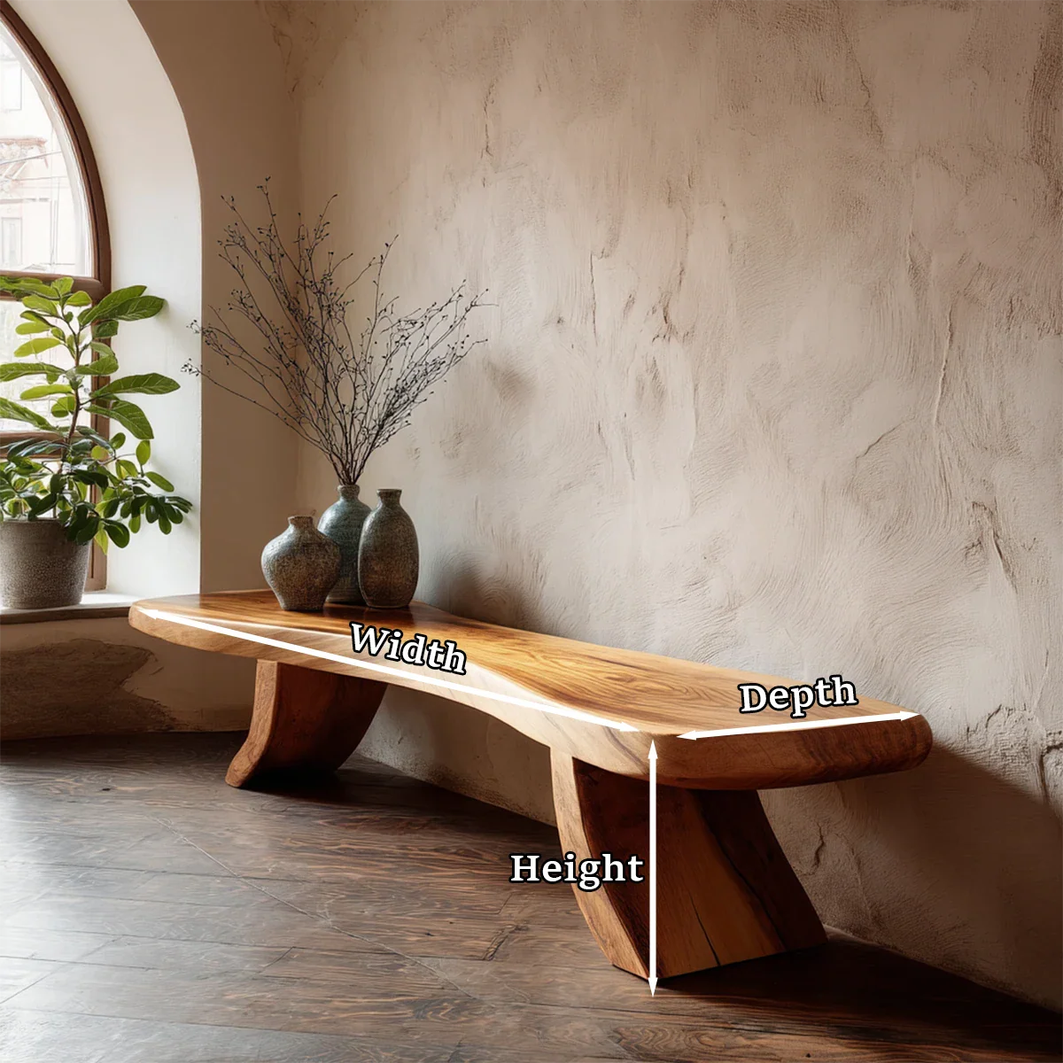 Low profile hallway bench designed with natural curved silhouette and smooth oak tone finish
