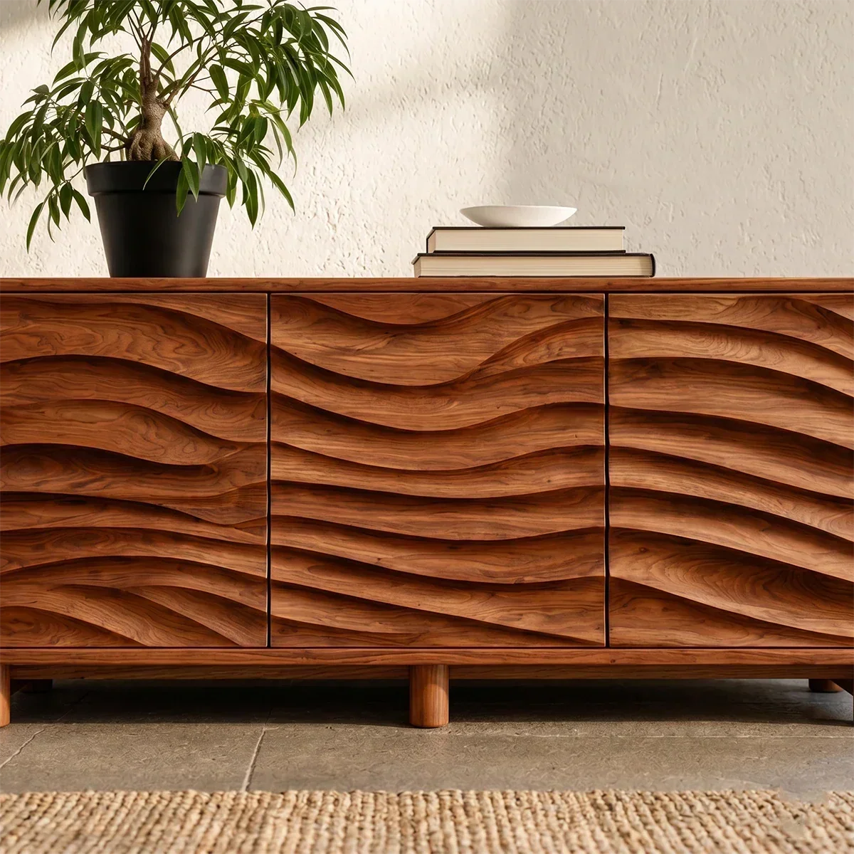Organic Wave Sideboard Cabinet in Natural Solid Wood with Sculpted Design - ArborisWood - 4