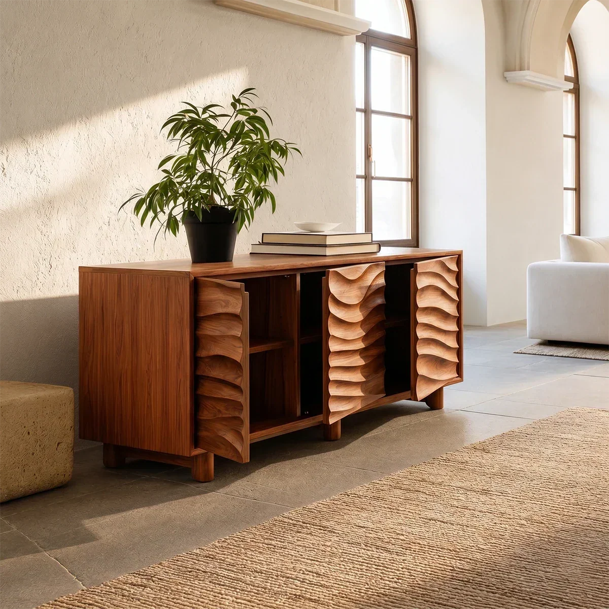 Organic Wave Sideboard Cabinet in Natural Solid Wood with Sculpted Design - ArborisWood - 5