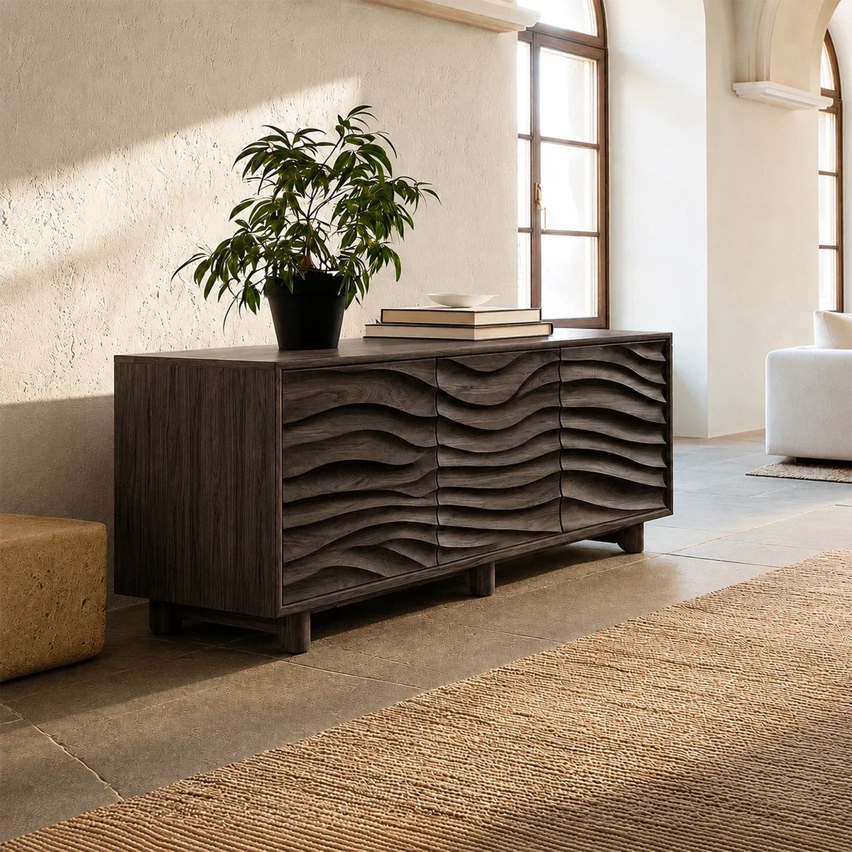 Organic Wave Sideboard Cabinet in Natural Solid Wood with Sculpted Design - ArborisWood - 7