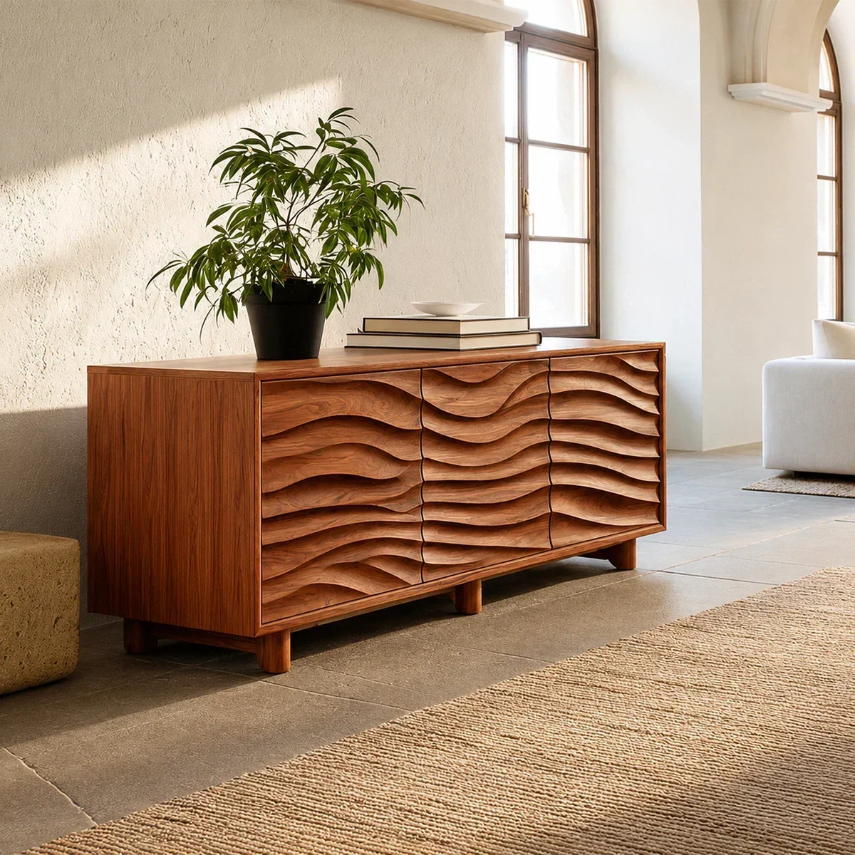 Organic Wave Sideboard Cabinet in Natural Solid Wood with Sculpted Design - ArborisWood