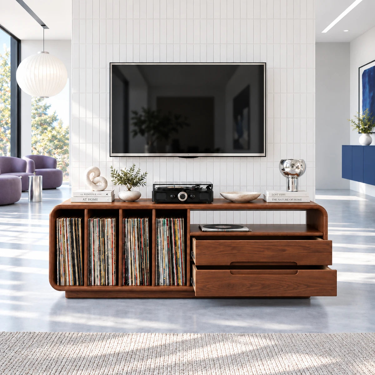 Contemporary TV console cabinet in solid wood with turntable space and LP rack inside