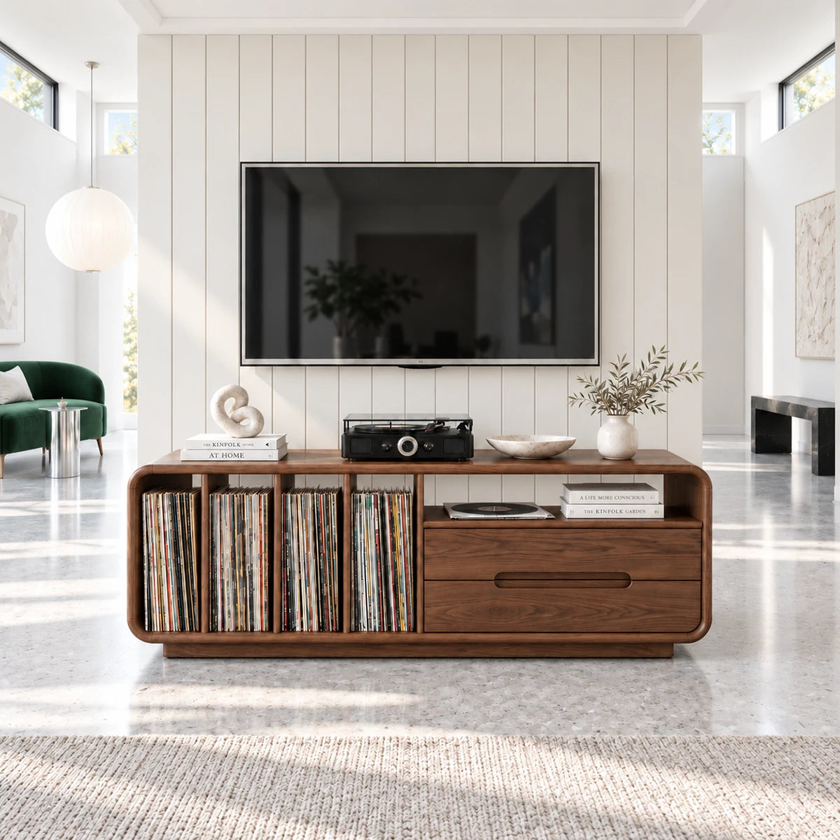 Balanced entertainment stand in solid wood with vinyl cubbies and drawer storage