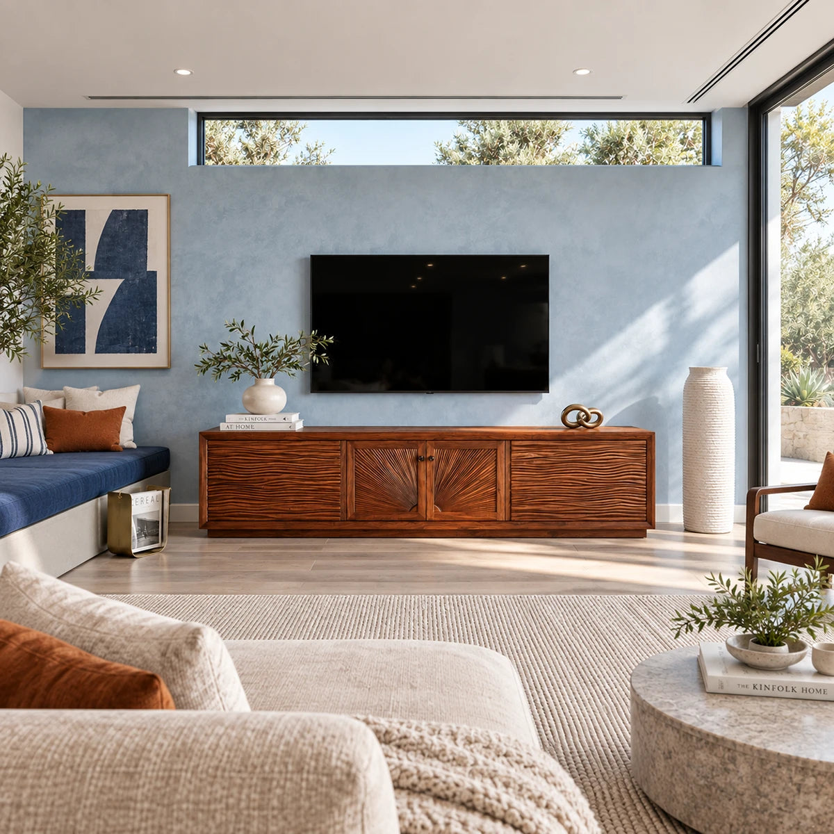 Modern media console in solid wood with textured wave panels and four-door storage