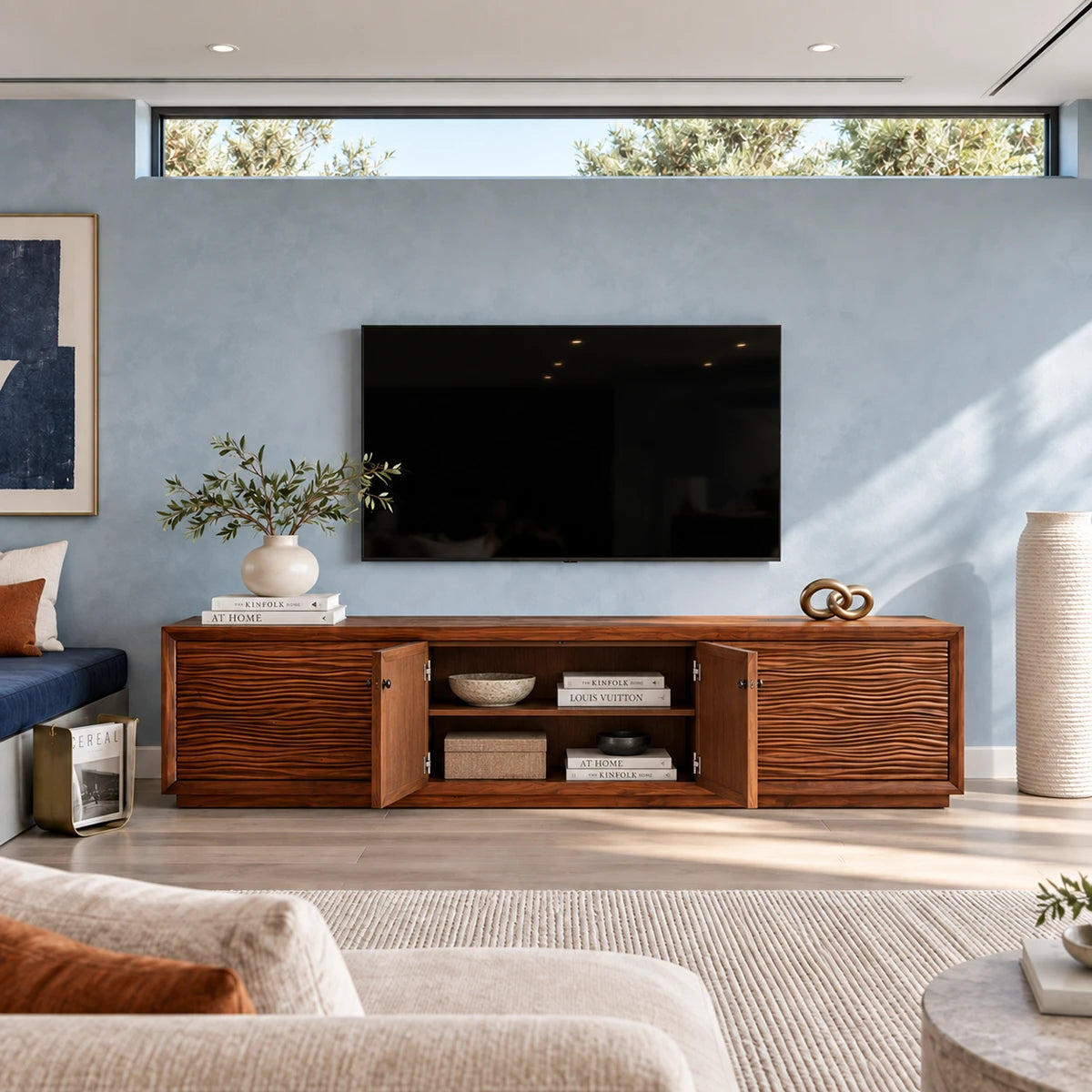 Statement media cabinet in solid wood with relief texture and concealed storage space