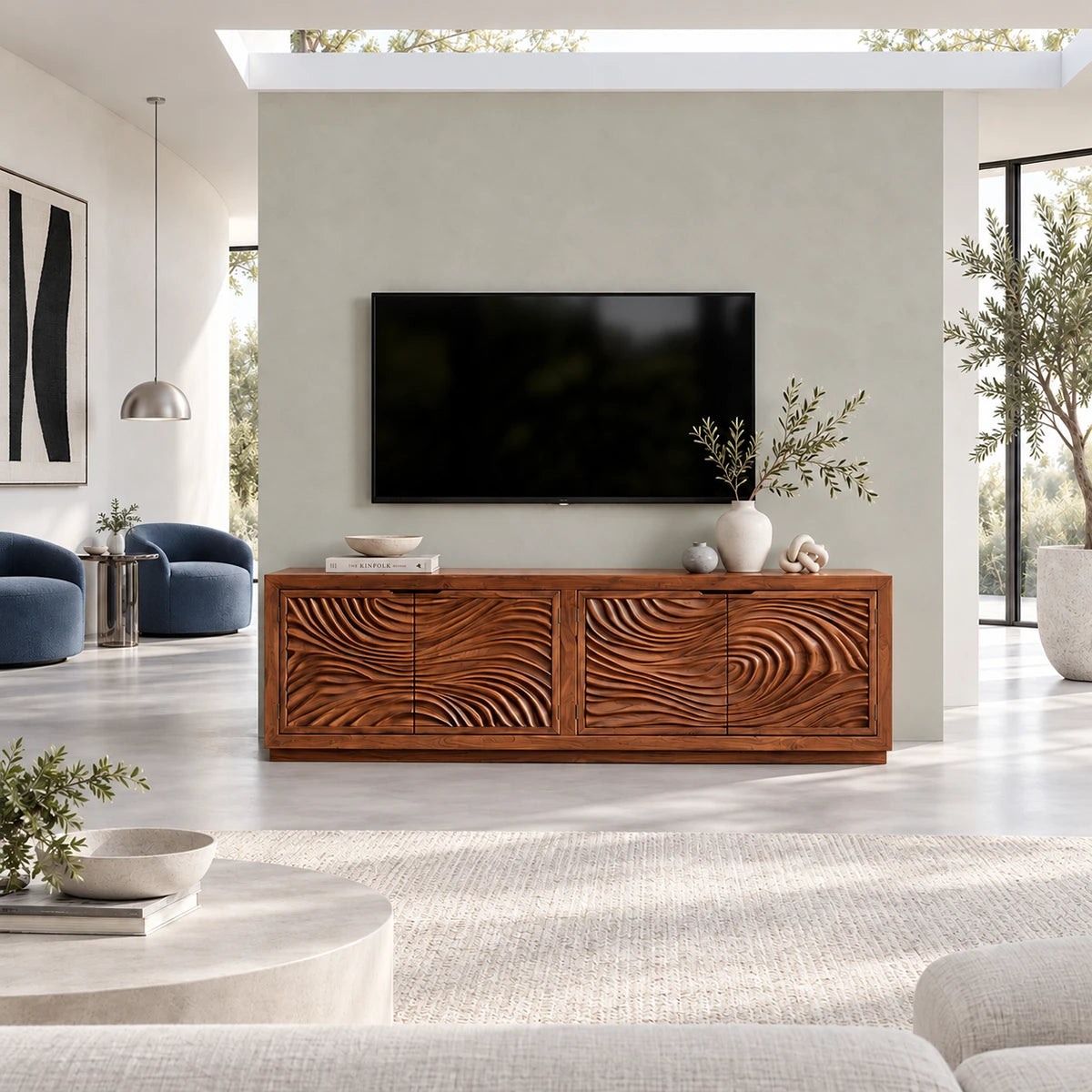 Functional media unit in solid wood with artistic relief fronts and roomy hidden storage