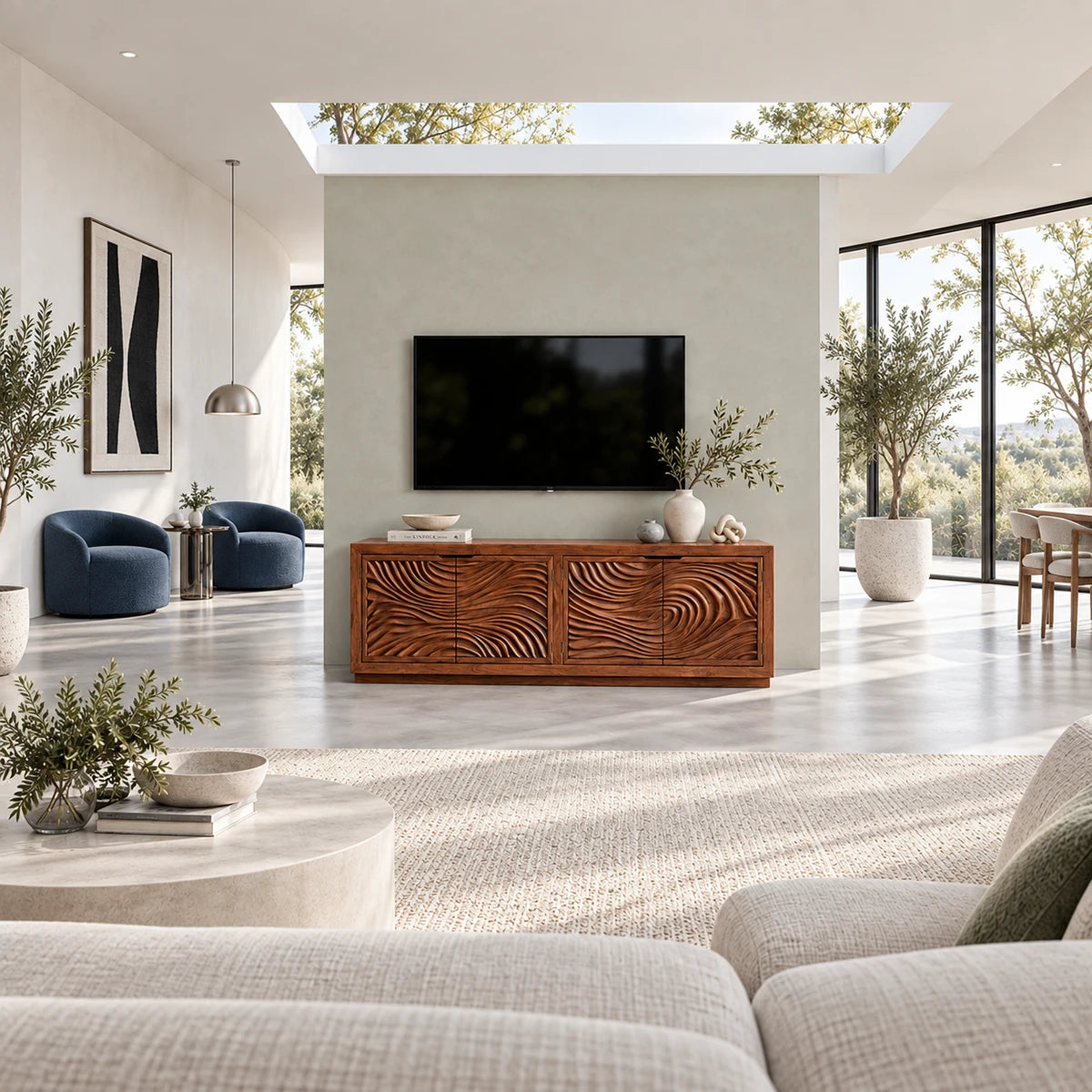 Modern media console in solid wood with sculpted wave panels and broad cabinet storage