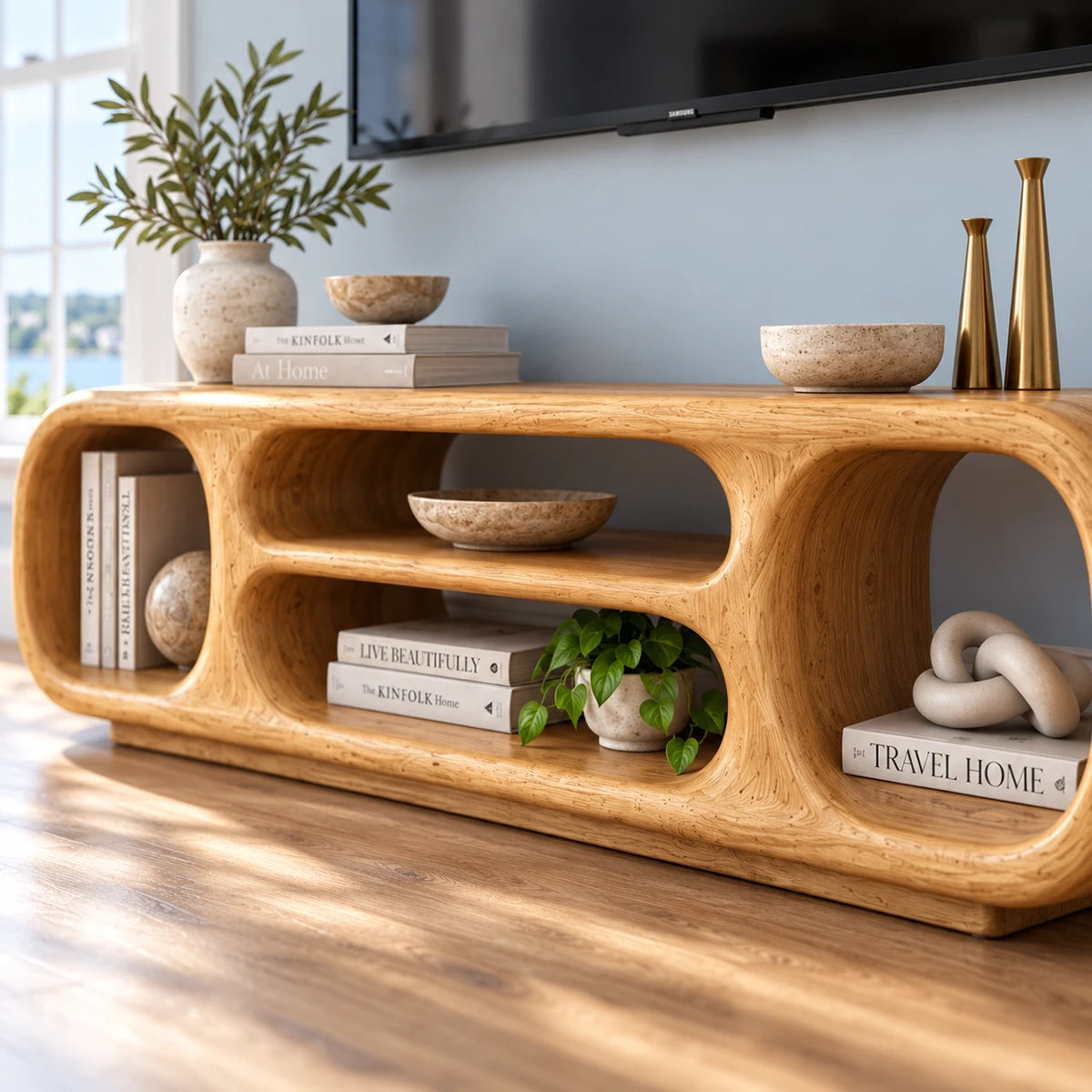 Low profile entertainment center in natural solid wood with open cubby storage space