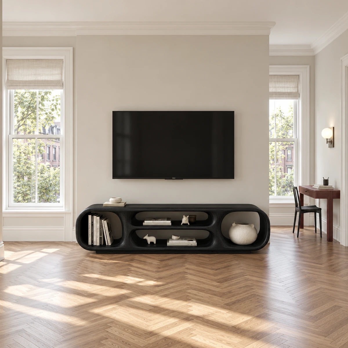 Clean lined TV cabinet in natural solid wood with open niches and rounded ends design