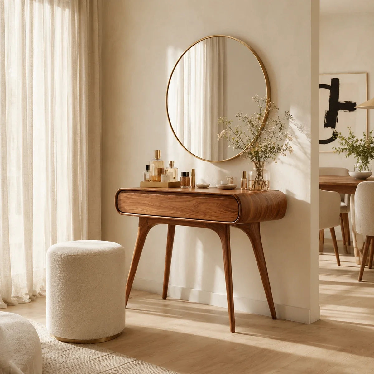 Sculptural makeup vanity with rounded drawer and warm wood tone finish in a bright room