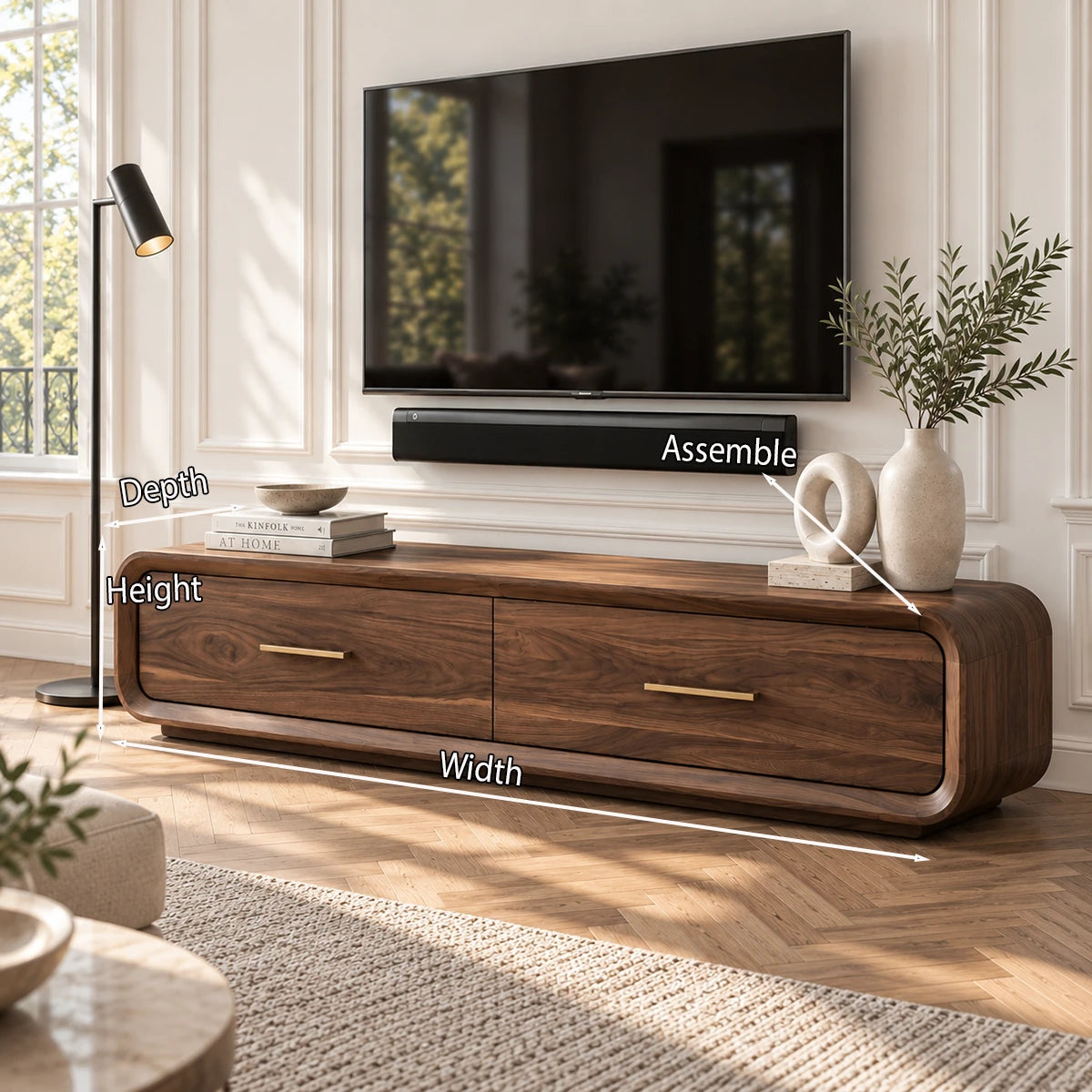 Elegant media stand in solid wood with curved edges, brass hardware, and hidden storage