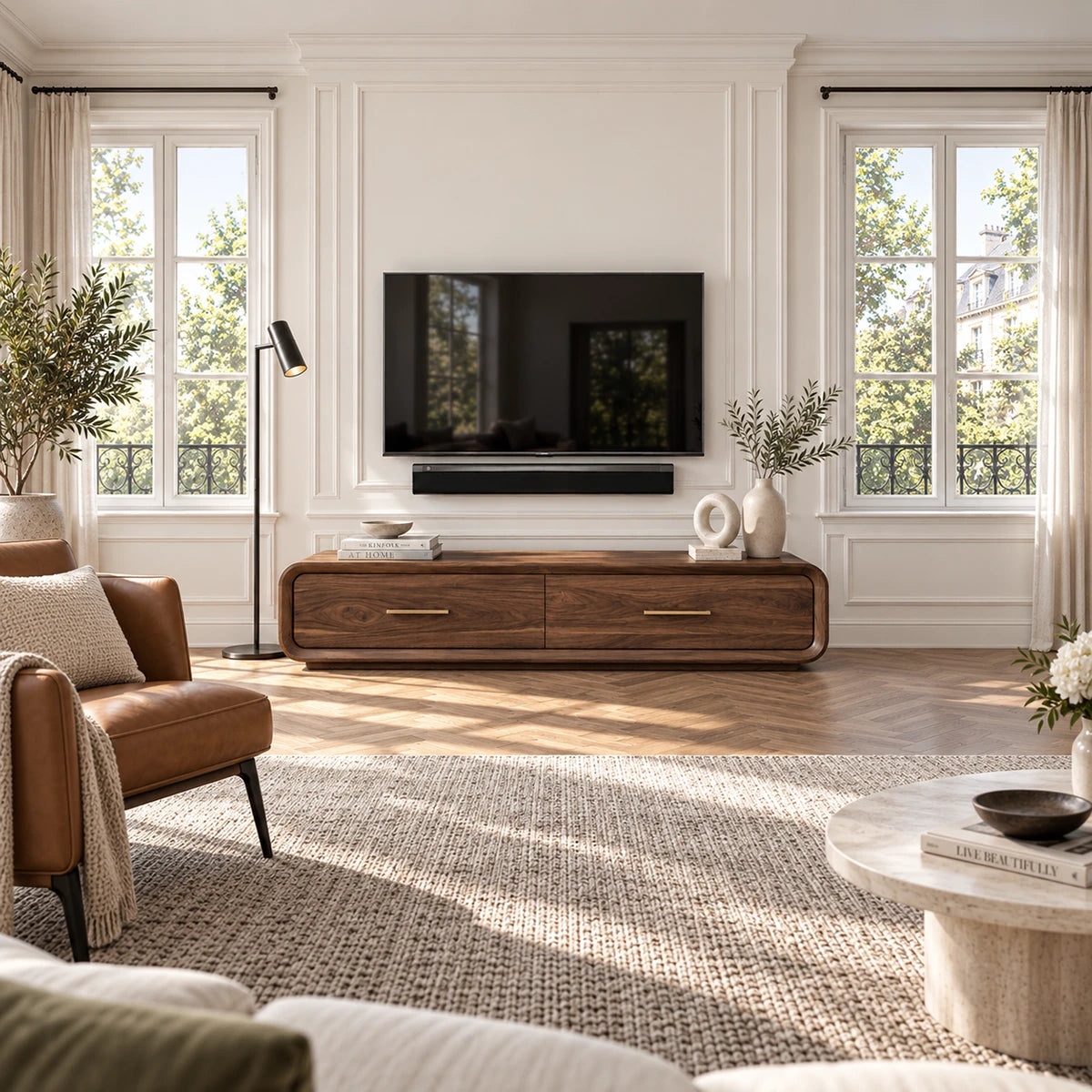 Modern media console in solid wood with curved corners and broad dual-drawer storage