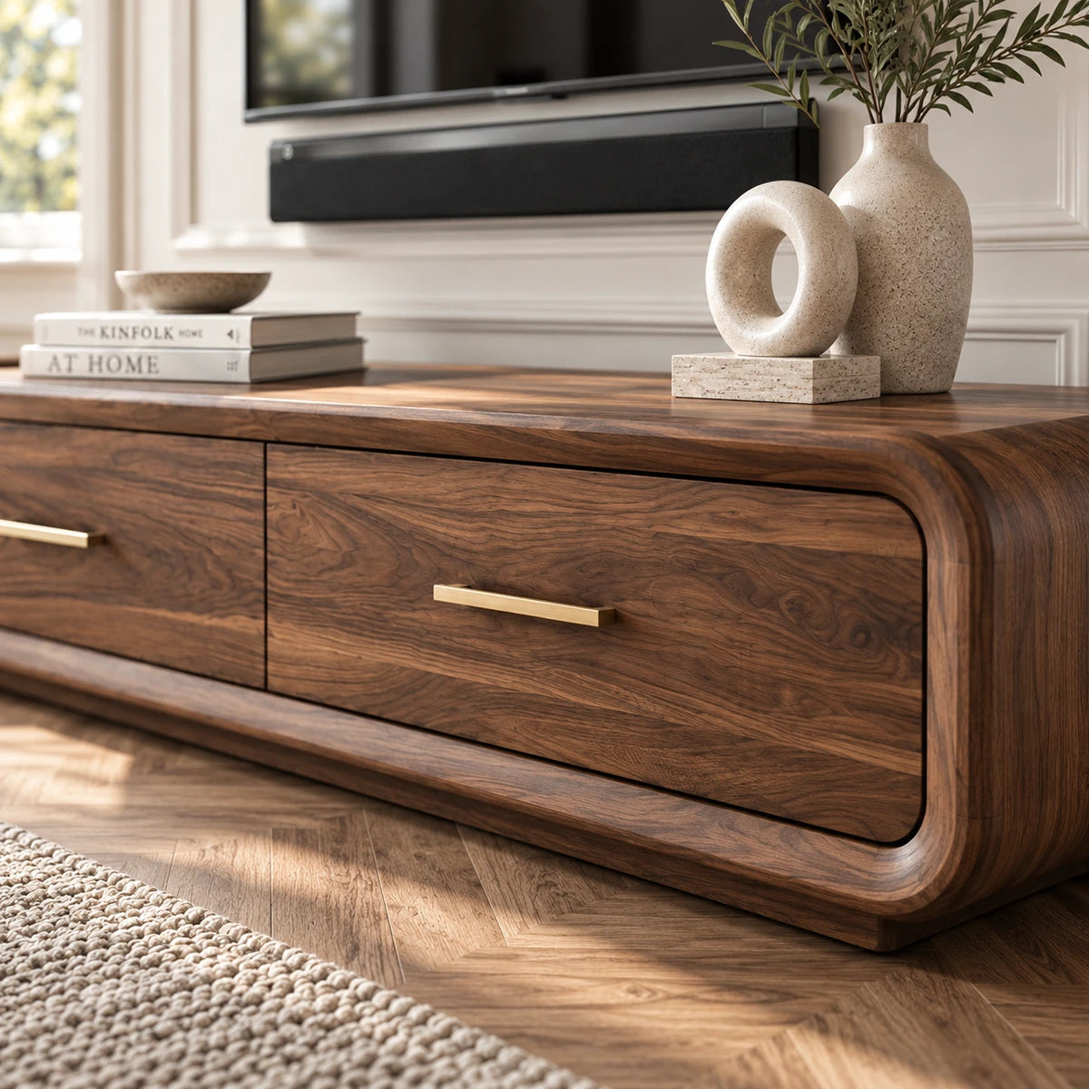 Contemporary TV console in solid wood with soft-edge framing and spacious drawer storage