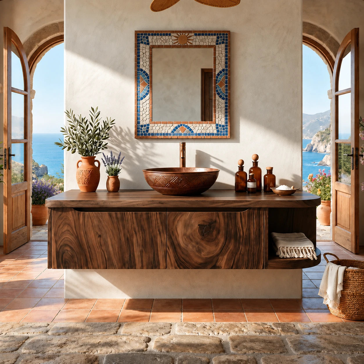 Rounded End Bathroom Vanity Cabinet in Natural Solid Wood With Two Doors - ArborisWood - 14