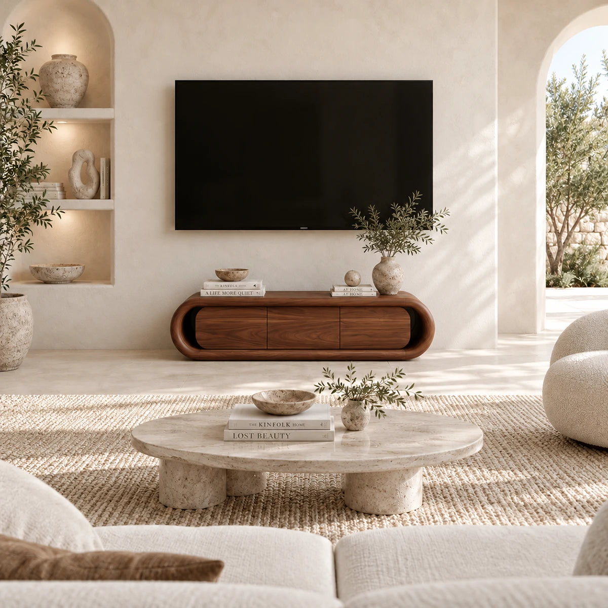 Designer media cabinet with curved outer frame and clean storage doors for a polished room