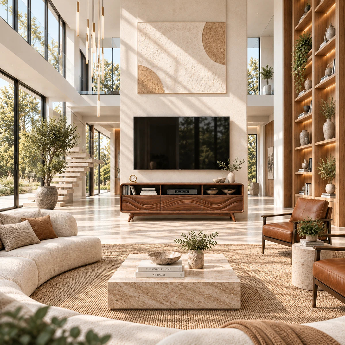 Modern media console with sculpted front panels and open shelves for a refined interior