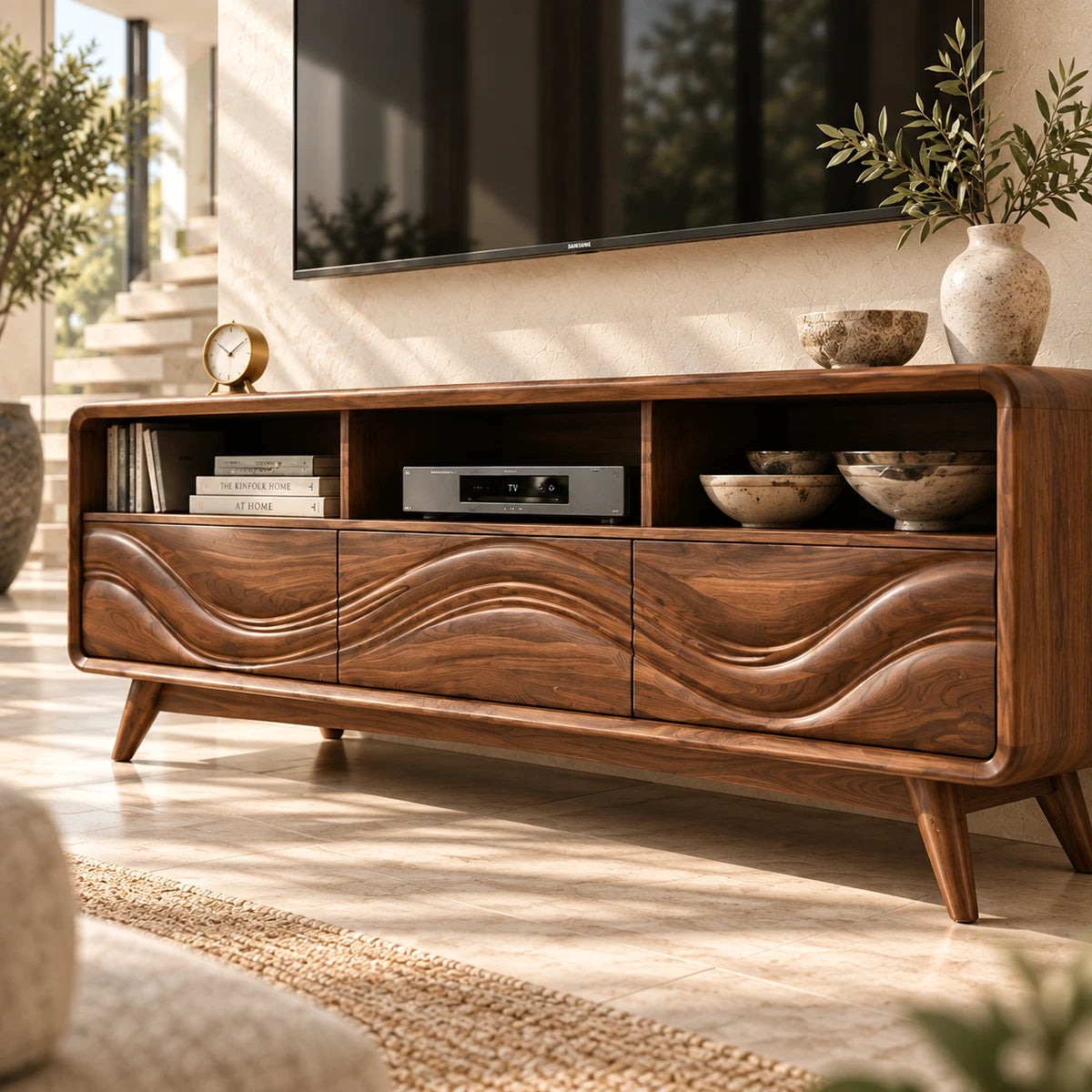 Handcrafted media cabinet with flowing relief doors and spacious open storage sections