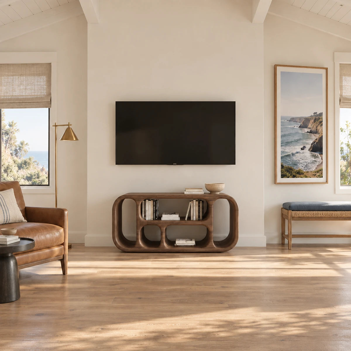 Elegant low profile TV stand in natural solid wood with sculpted open storage design