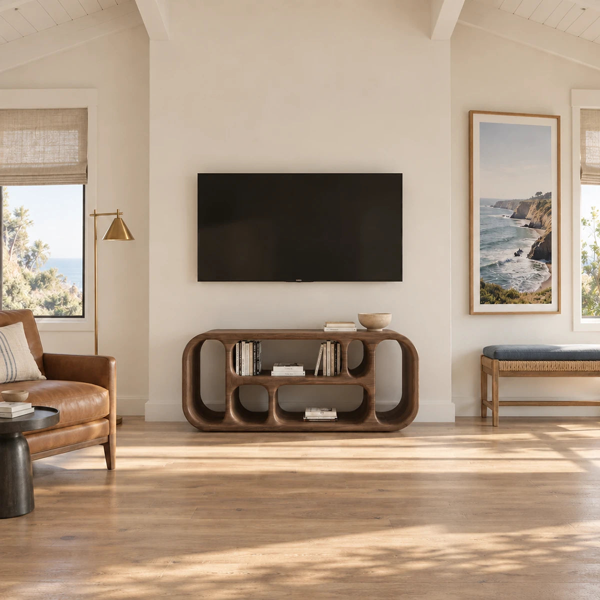 Versatile living room TV stand in natural solid wood with rounded open shelving style