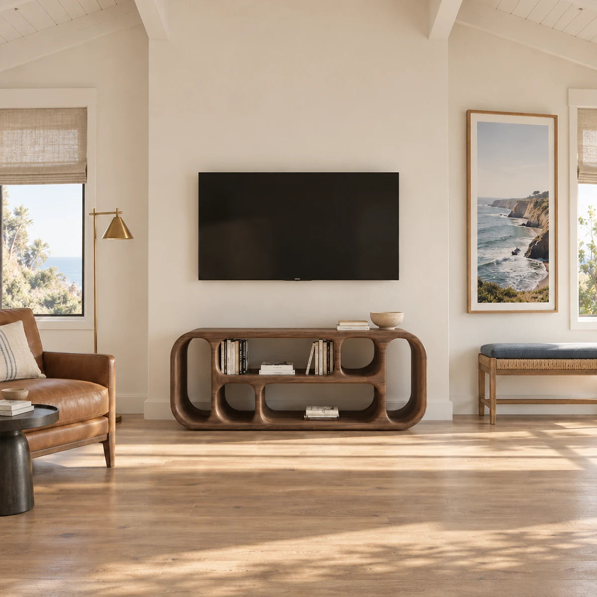 Streamlined modern TV stand in natural solid wood with curved cubby storage details