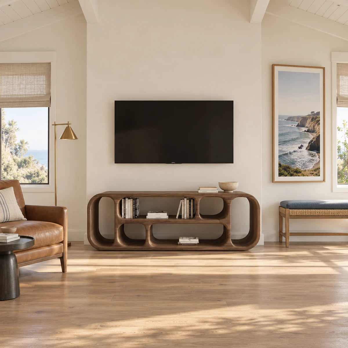 Rounded natural solid wood TV stand with sculptural open cubbies and low profile