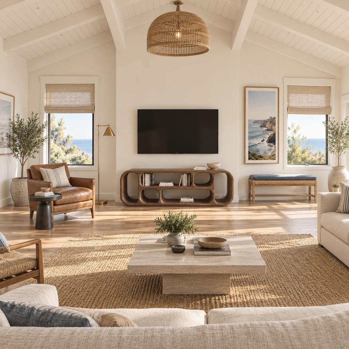 Modern media console in natural solid wood with rounded shelves and organic storage