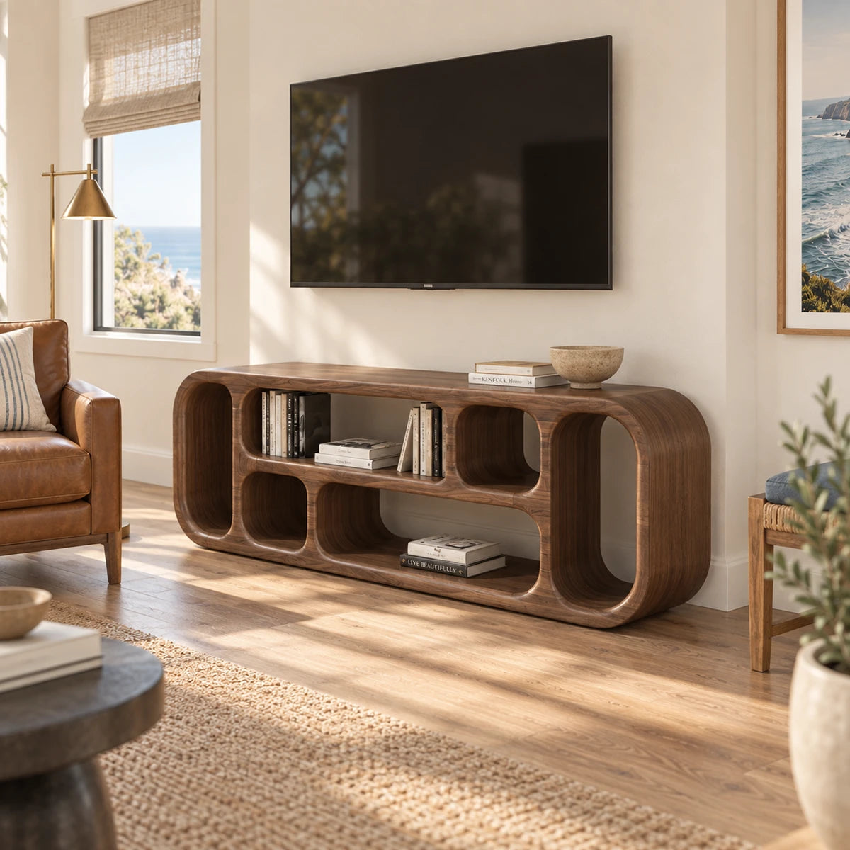 Curved TV console in natural solid wood with open compartments and sculptural form