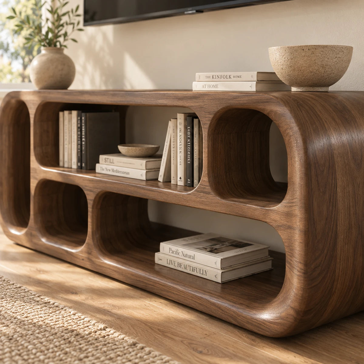 Low profile entertainment center in natural solid wood with smooth rounded edges