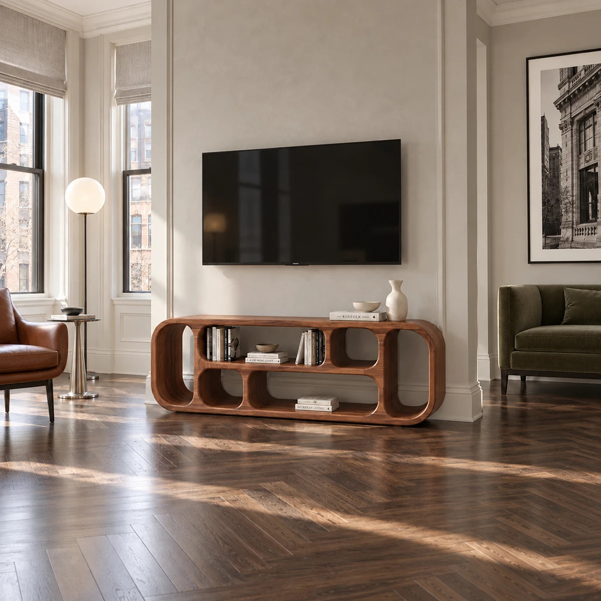 Contemporary television stand in natural solid wood with rounded niche storage details
