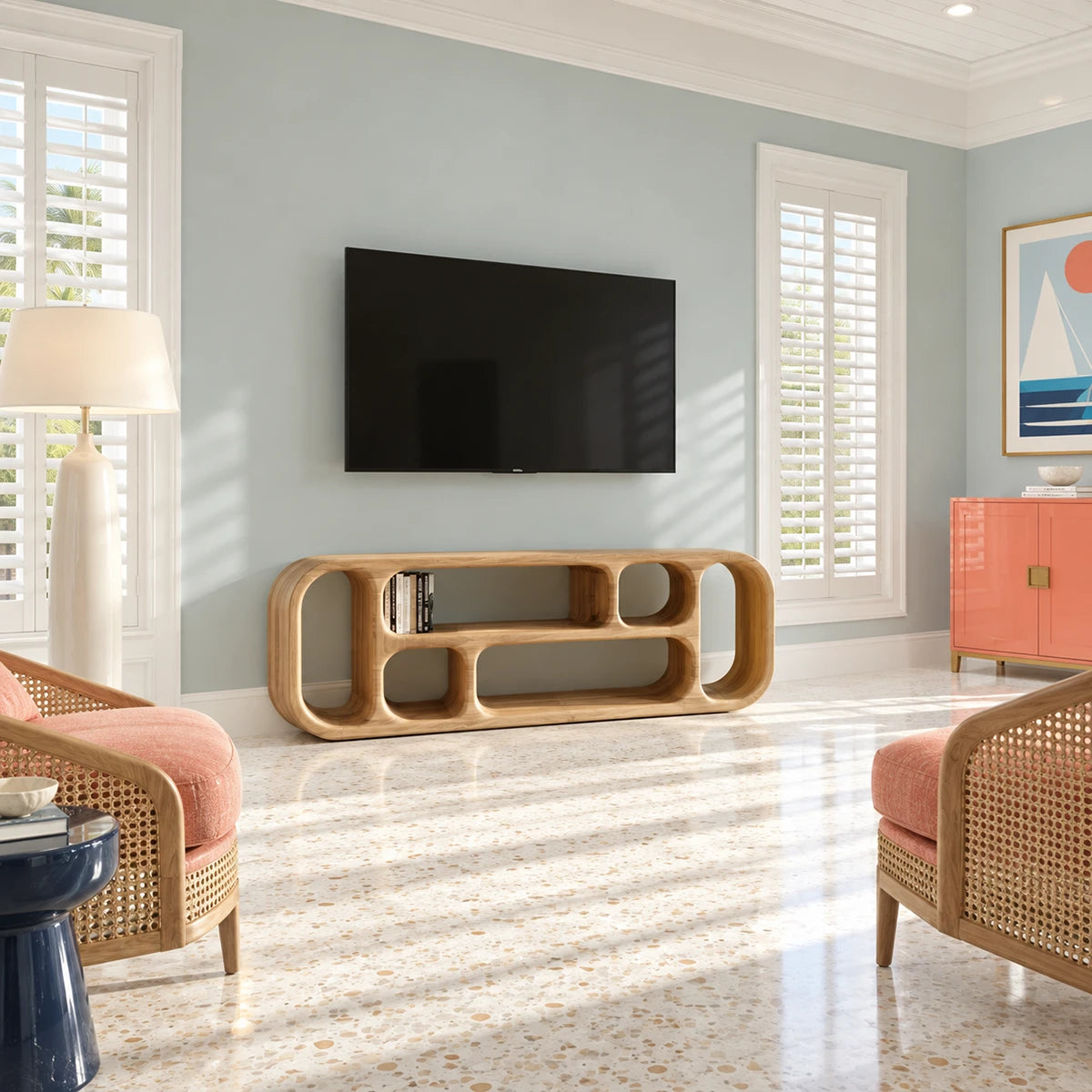 Clean lined TV cabinet in natural solid wood with open shelves and curved corners
