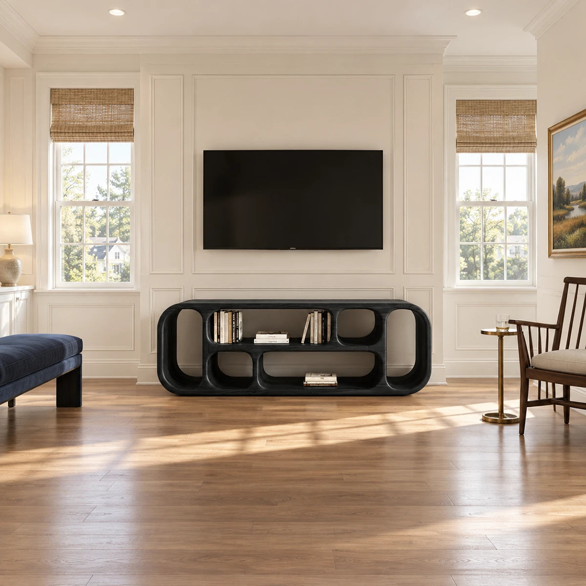 Architectural TV unit in natural solid wood with open niches and rounded sides design