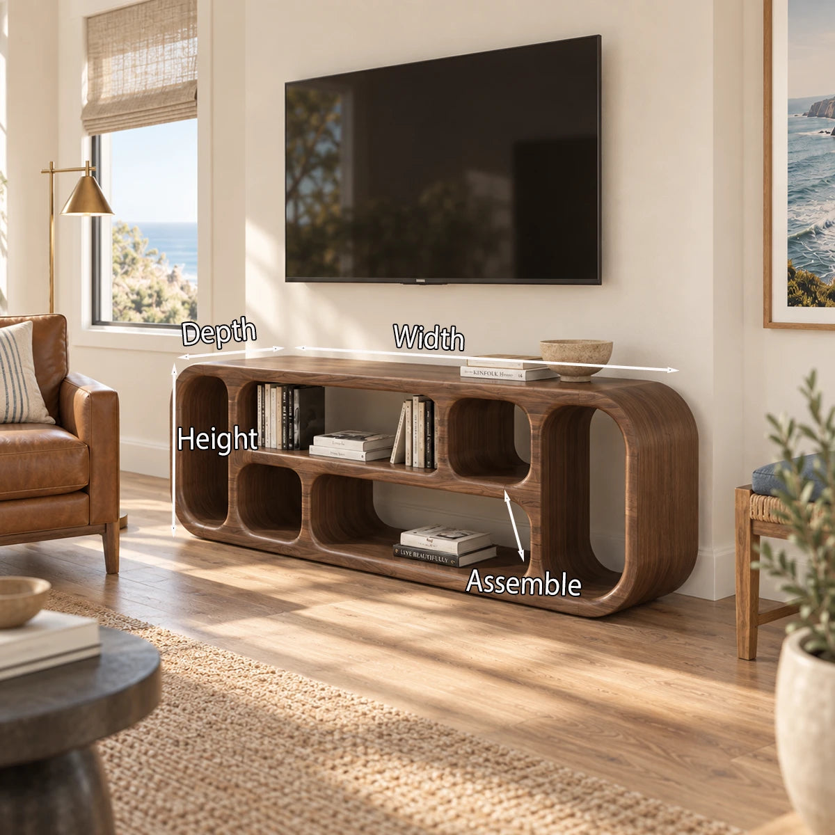Refined entertainment unit in natural solid wood with open cubbies and low stance