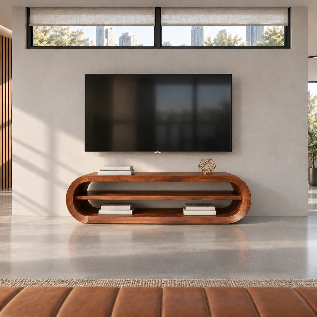 Architectural media cabinet in natural solid wood with a sculptural open frame design