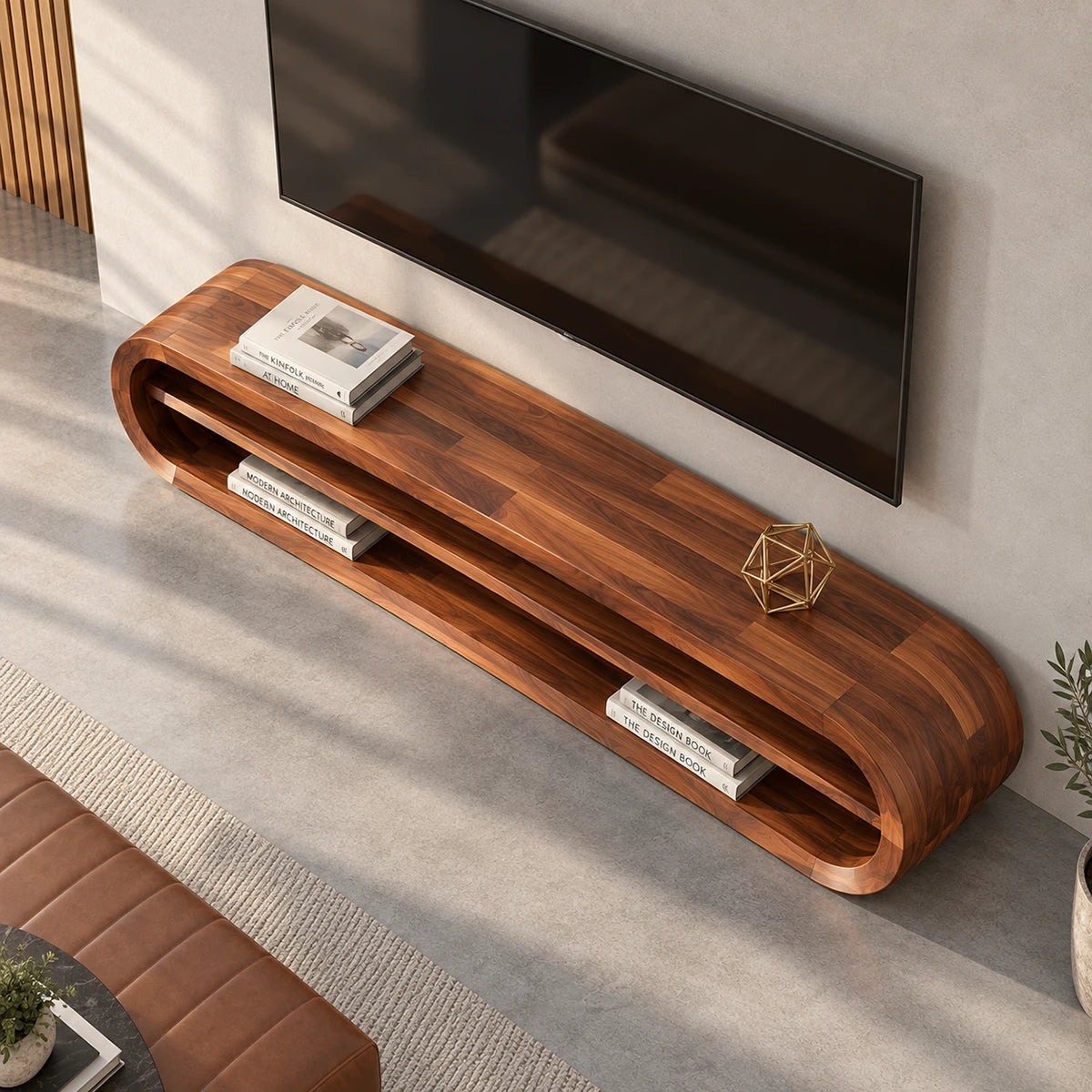 Minimalist TV console in natural solid wood with rounded frame and open shelving