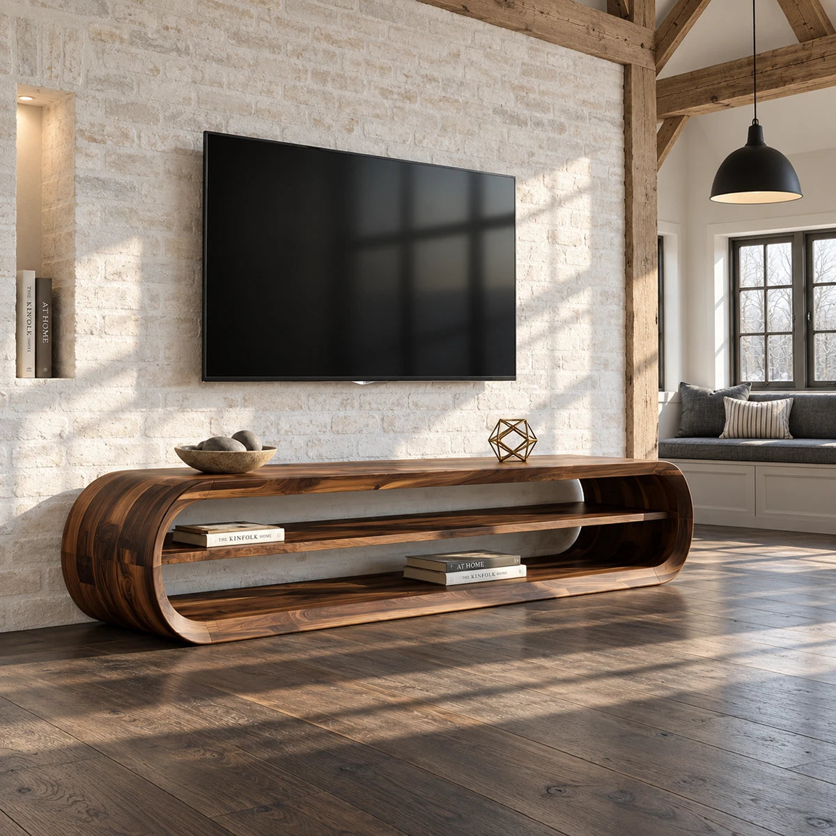 Streamlined media unit in natural solid wood with elongated form and open tiers