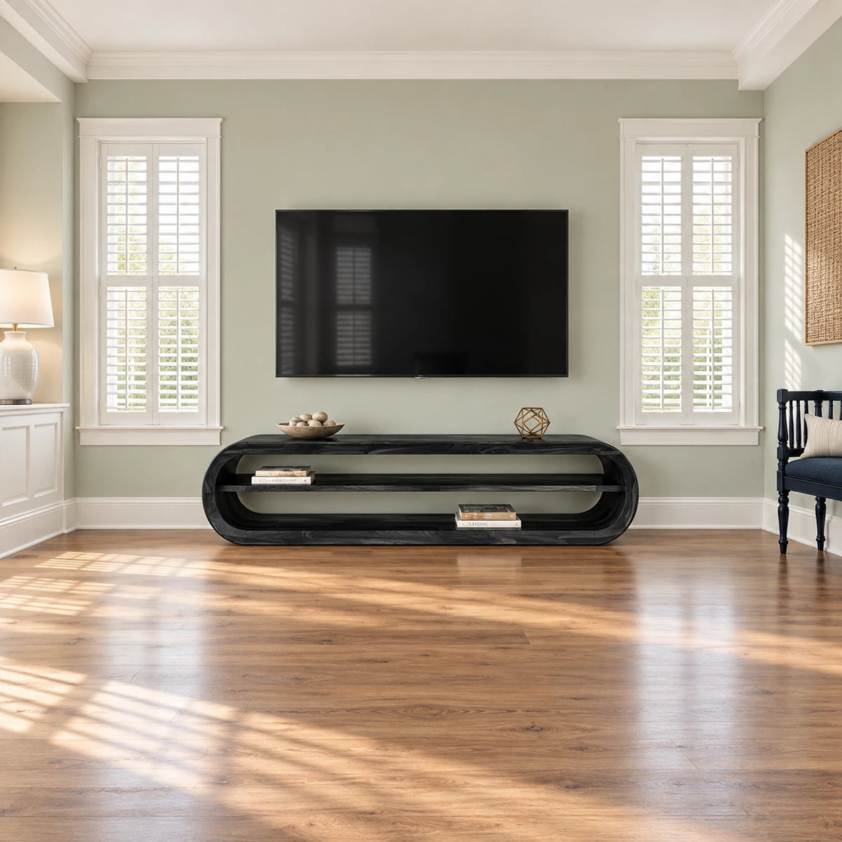 Elegant living room TV stand in natural solid wood with curved lines and storage