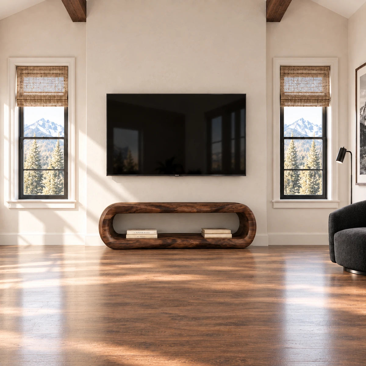 Open shelf TV console in natural solid wood with a seamless rounded rectangular profile