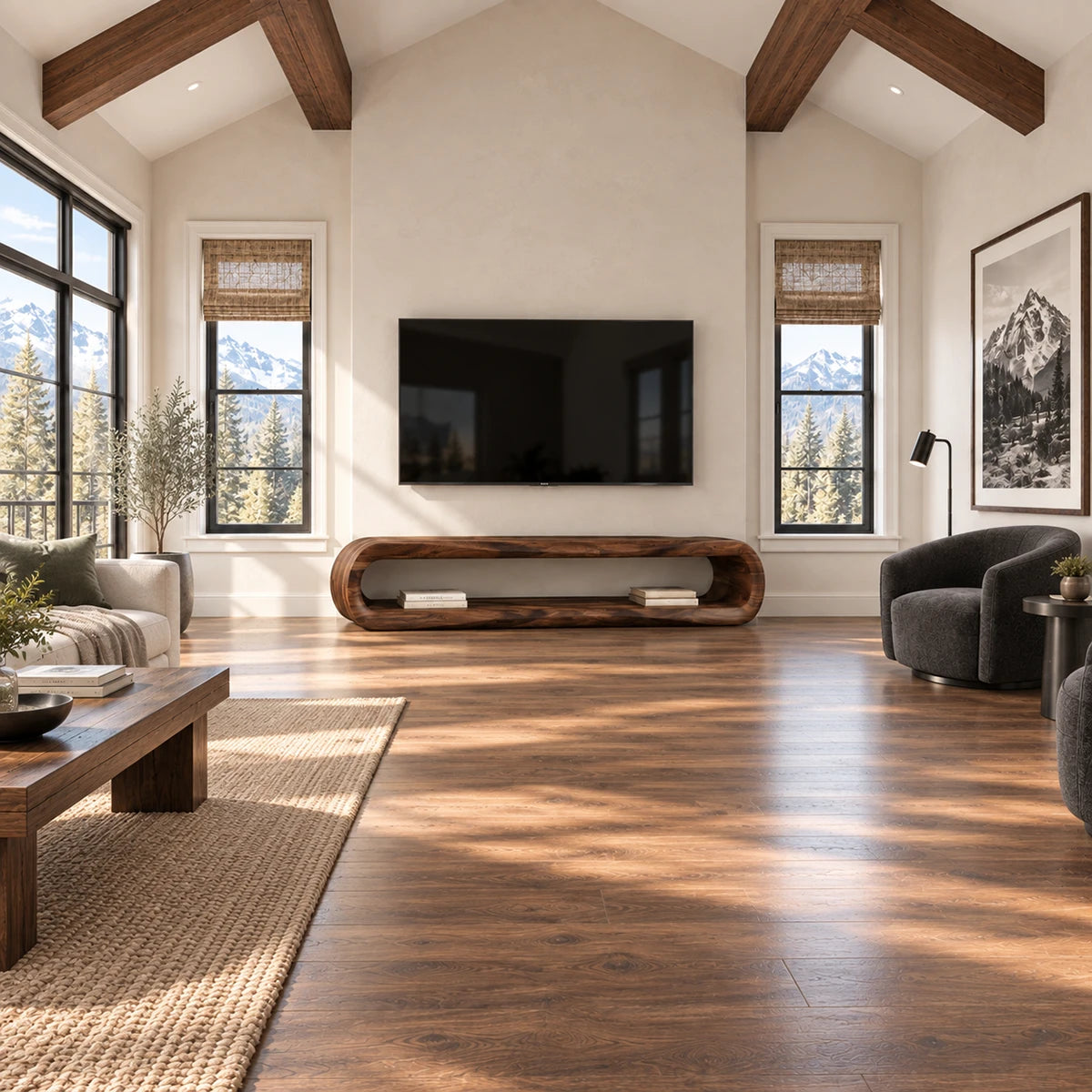 Natural solid wood TV stand with rounded open shelf design for a calm modern living room