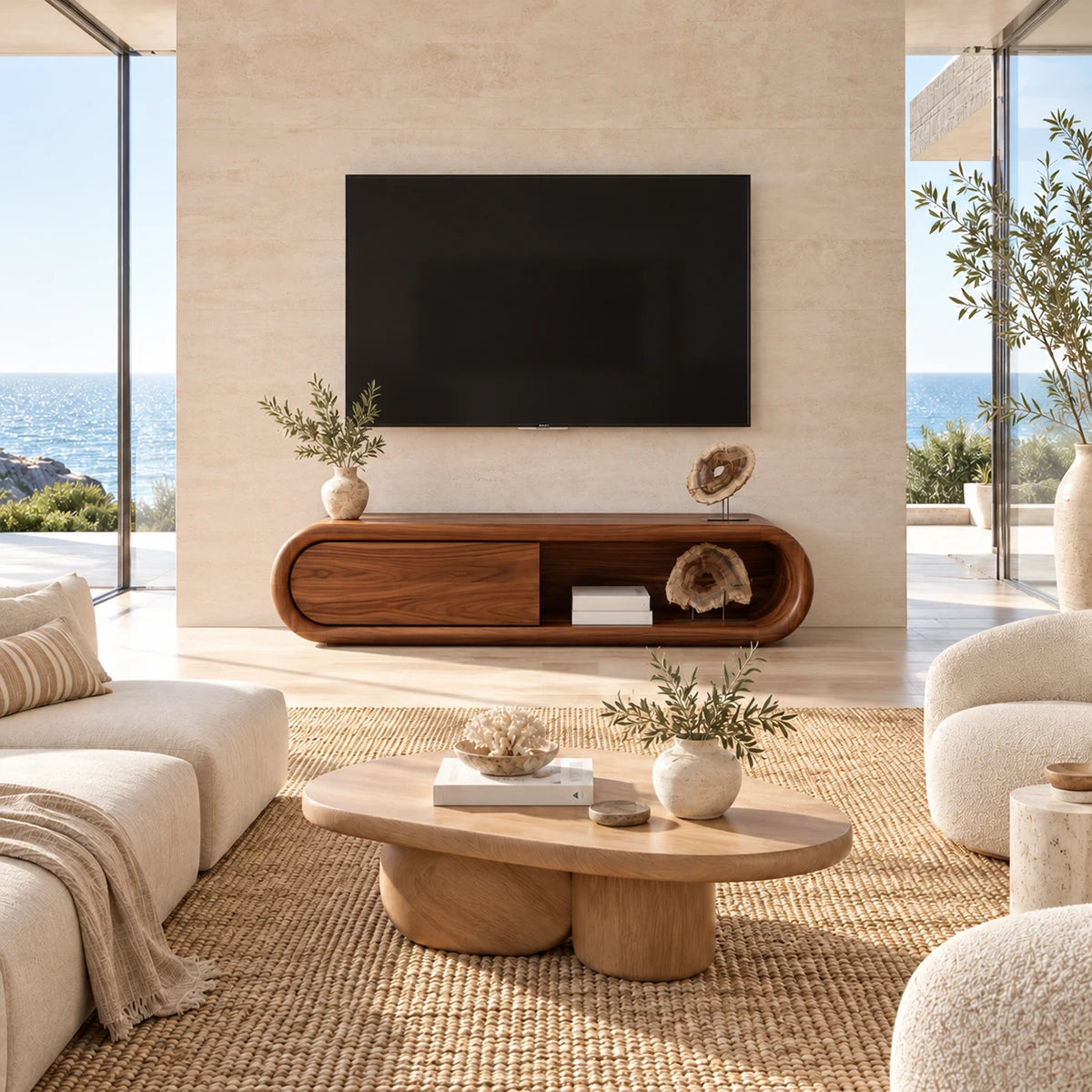 Minimalist media unit with rounded frame and practical open shelving for everyday use