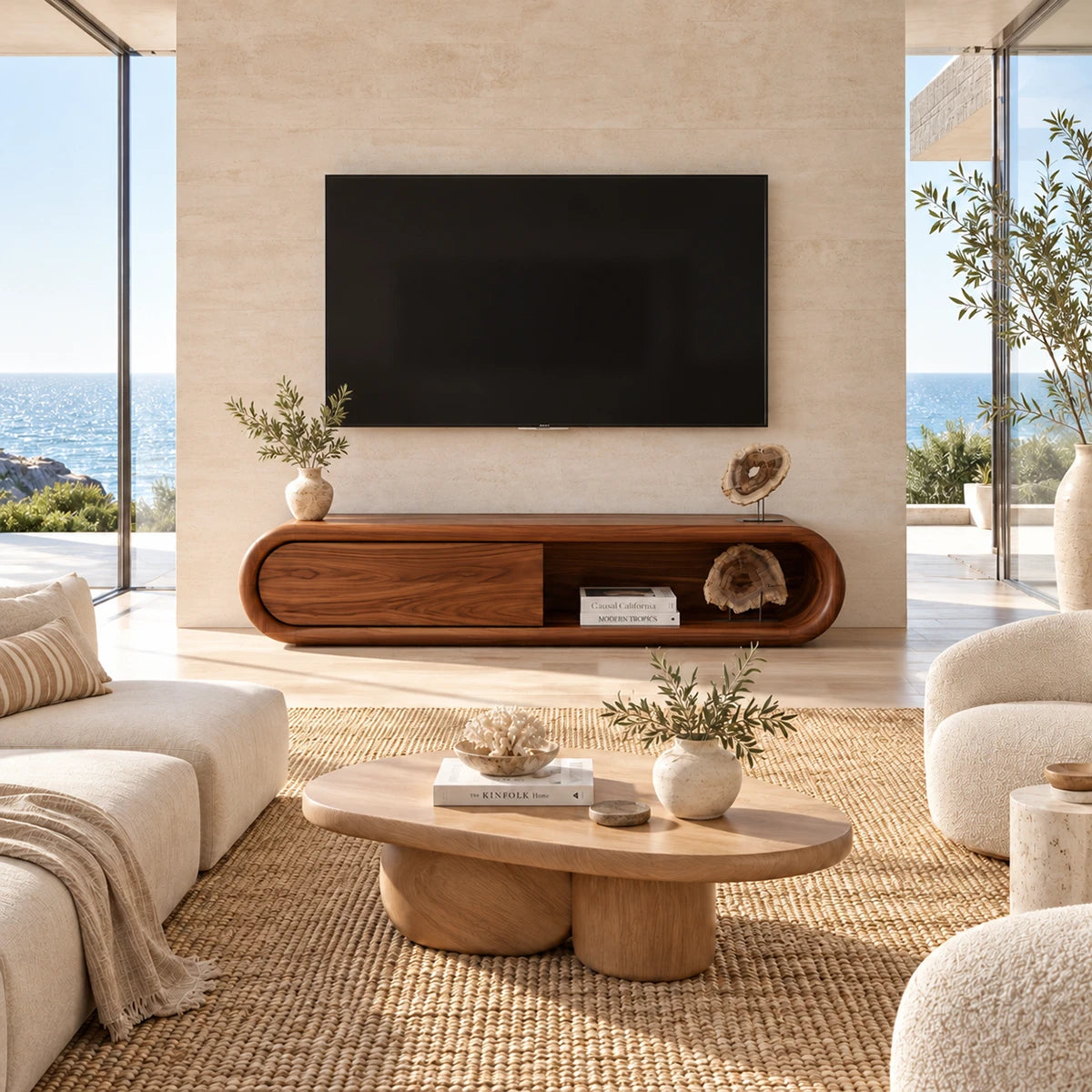 Artistic TV console with curved outer shell adds functional storage to a modern lounge