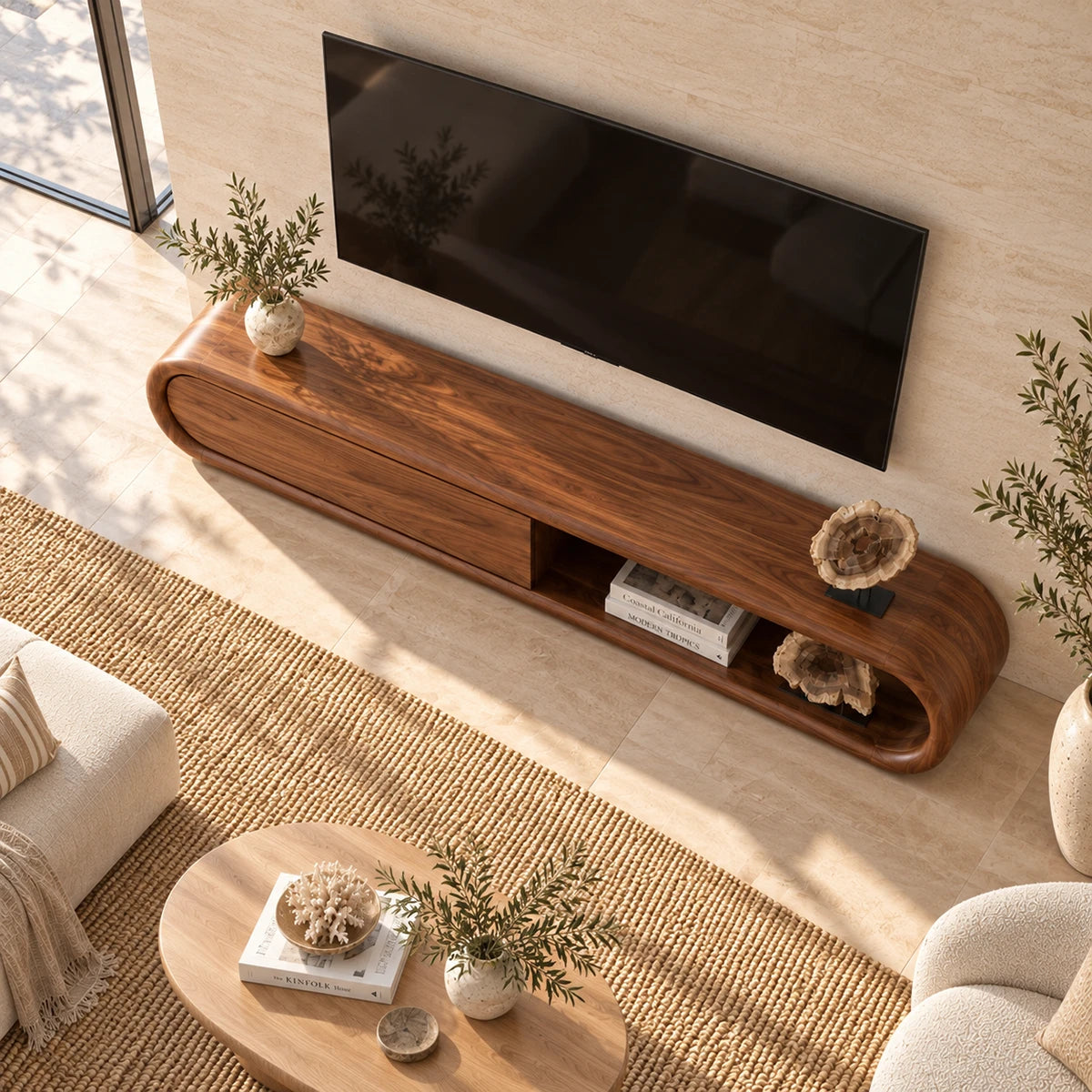 Handcrafted media cabinet with smooth closed storage and an open display compartment
