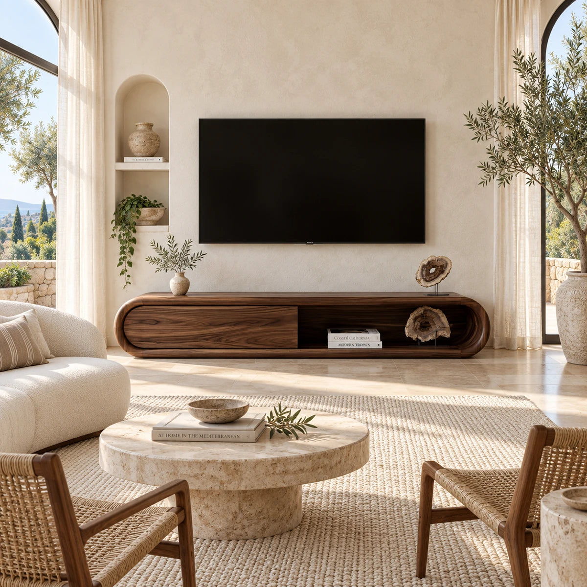 Living room TV stand with soft curved frame blends concealed storage with open shelving