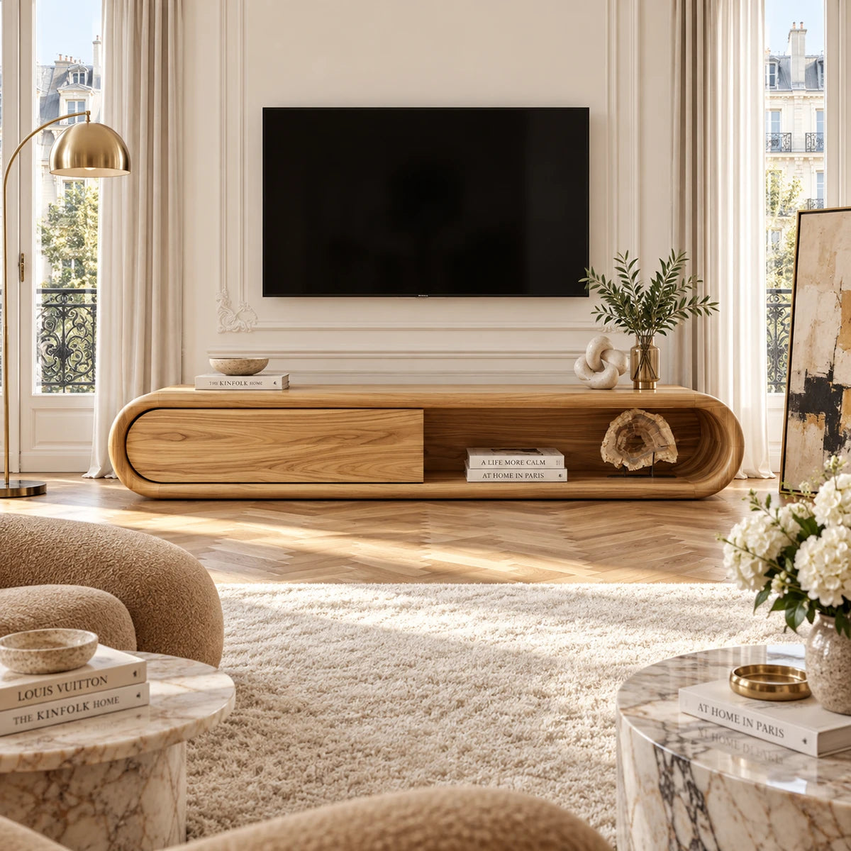 Statement media console with rounded profile creates a clean focal point below the TV