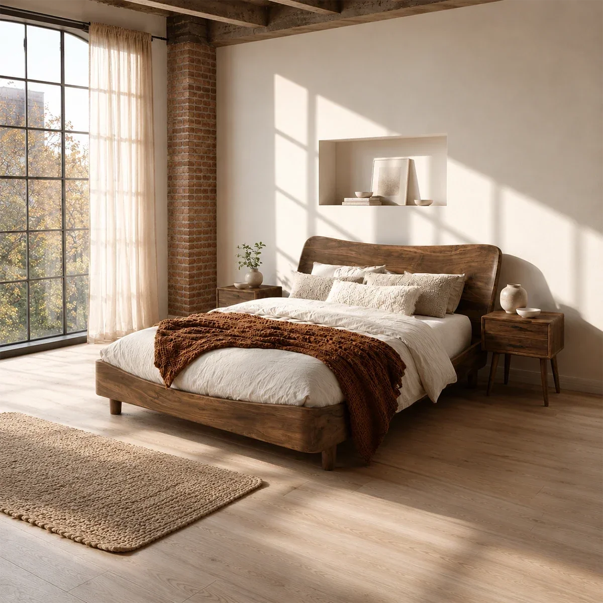 Rounded Panel Wooden Bed Frame in Natural Solid Wood for Loft Bedrooms - ArborisWood - 2