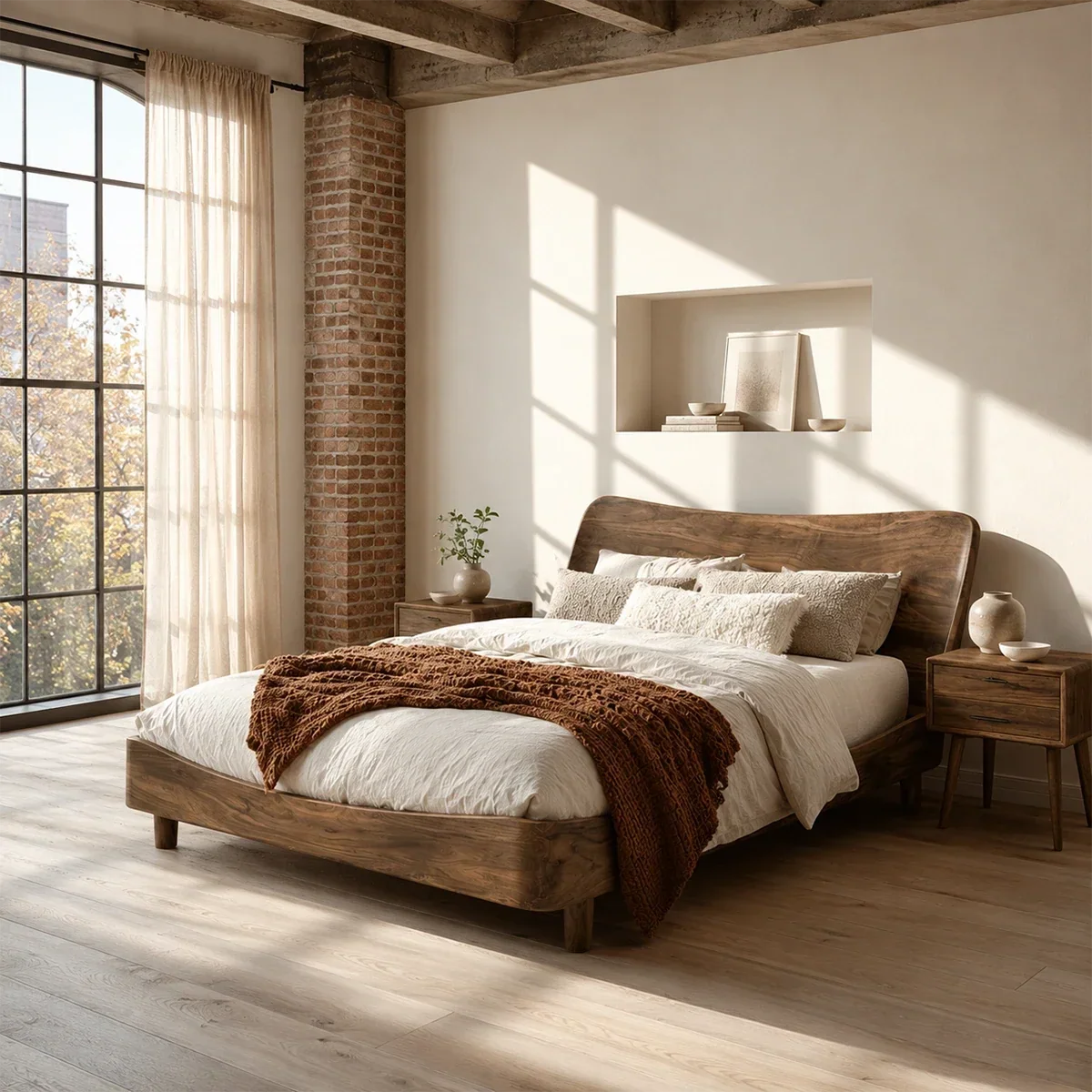 Rounded Panel Wooden Bed Frame in Natural Solid Wood for Loft Bedrooms - ArborisWood