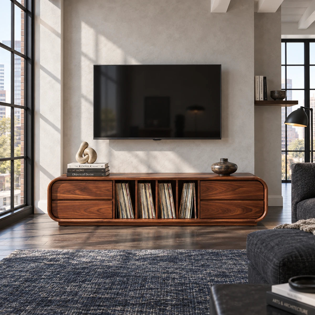 Rounded solid wood TV stand with center vinyl storage and side drawers for living room