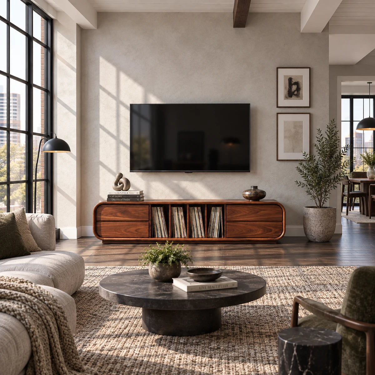 Modern media console in solid wood with record storage cubbies and smooth drawers