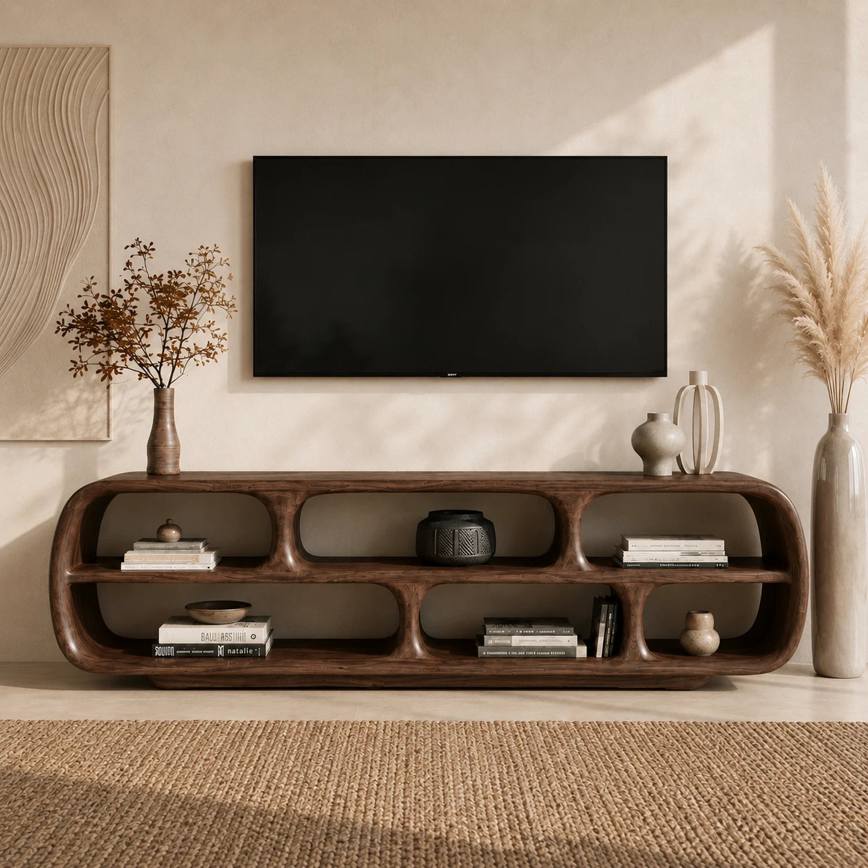 Rounded Solid Wood TV Stand with Sculptural Open Shelf Storage Console - ArborisWood - 14